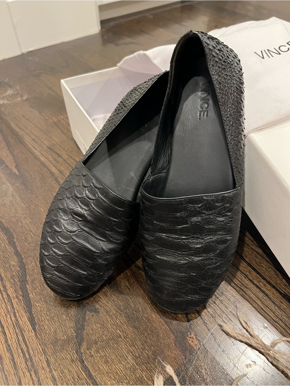 Vince Black Textured Slip-On Flats with Scaled Pattern